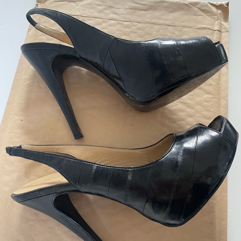 Pelle Moda Black Patent Peep-Toe Slingback Heels